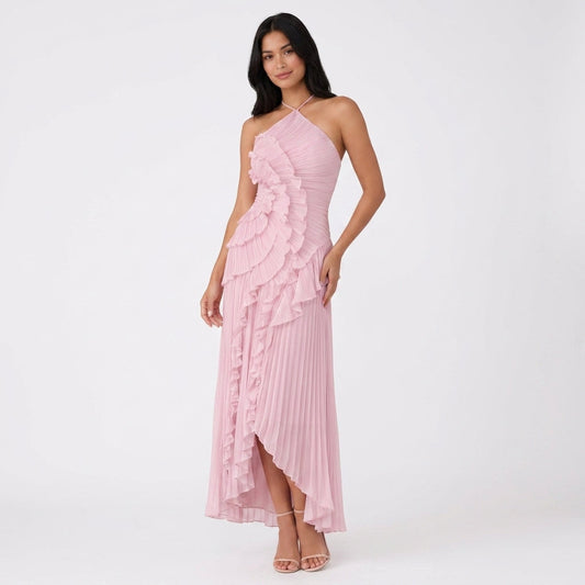 Asymmetric Ruffle Pleated Halter Maxi Dress in Pink – full-length front view