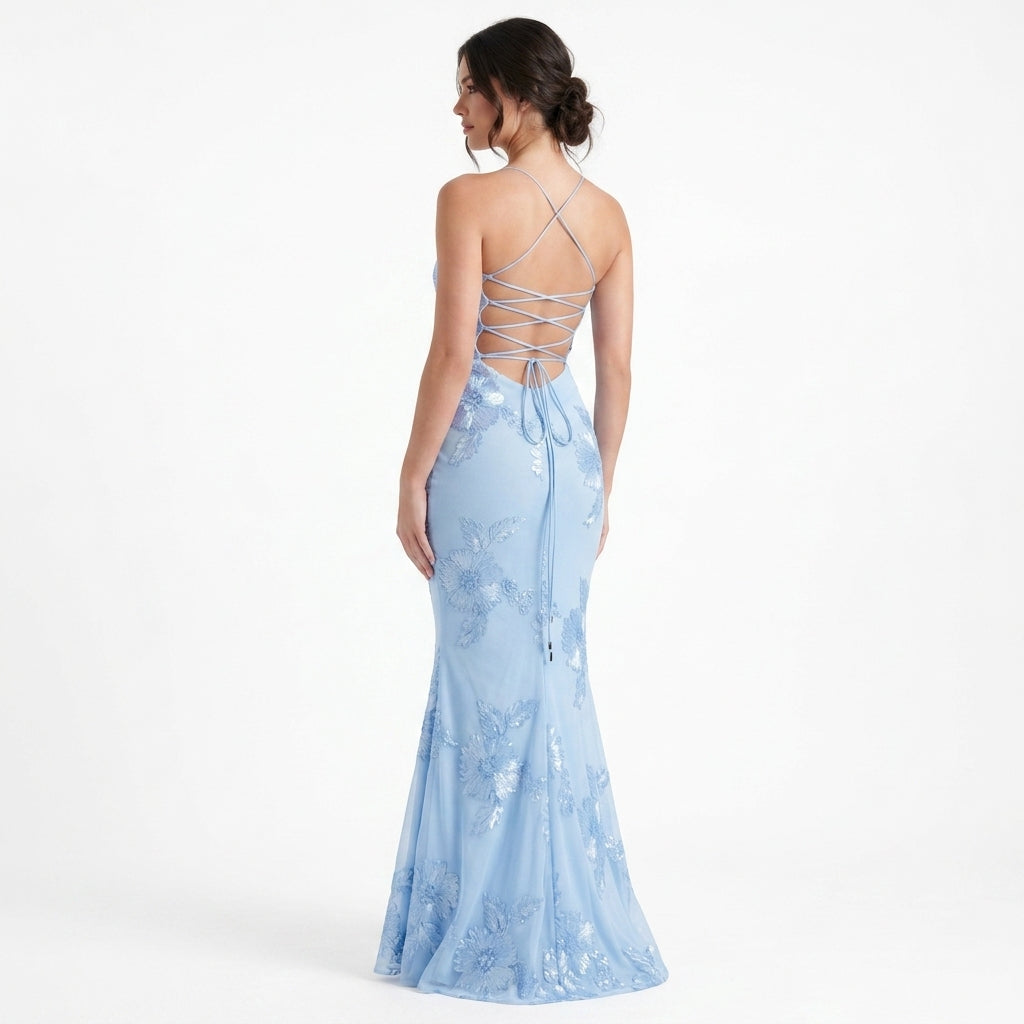 Baby Blue Floral Appliqué Corset Maxi Dress – back view, full length