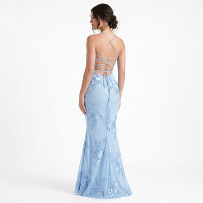 Baby Blue Floral Appliqué Corset Maxi Dress – back view, full length