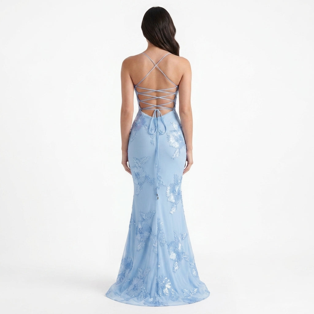Baby Blue Floral Appliqué Corset Maxi Dress – back view showing lace-up back