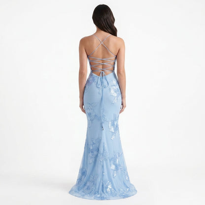 Baby Blue Floral Appliqué Corset Maxi Dress – back view showing lace-up back