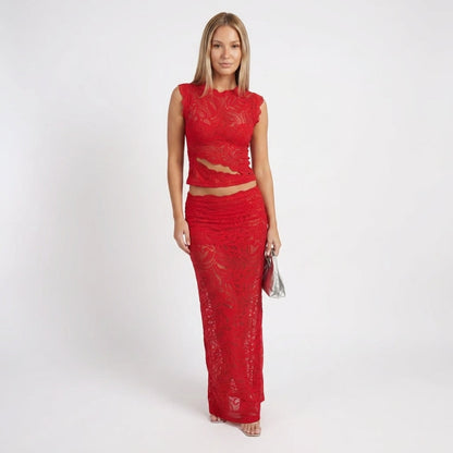 Lace High Neck Top & Maxi Skirt Set in Red – front view, full length