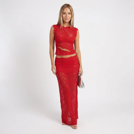 Lace High Neck Top & Maxi Skirt Set in Red – front view, full length