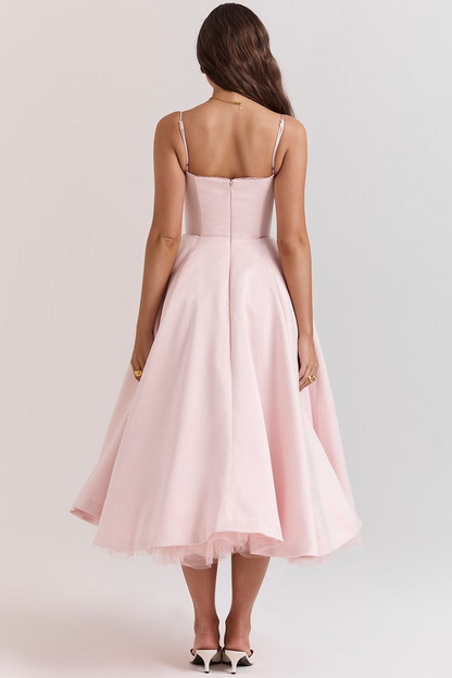 Satin Tulle Skirt Midi Dress with Pockets – view 6