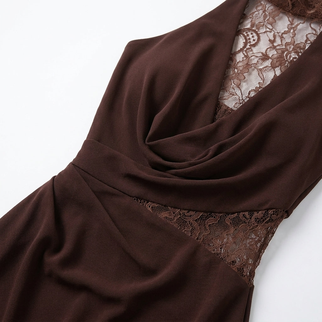 Brown Halter Lace Maxi Dress – close-up of draped neckline and lace inset