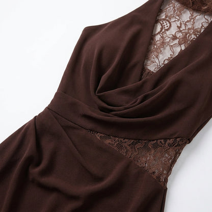 Brown Halter Lace Maxi Dress – close-up of draped neckline and lace inset