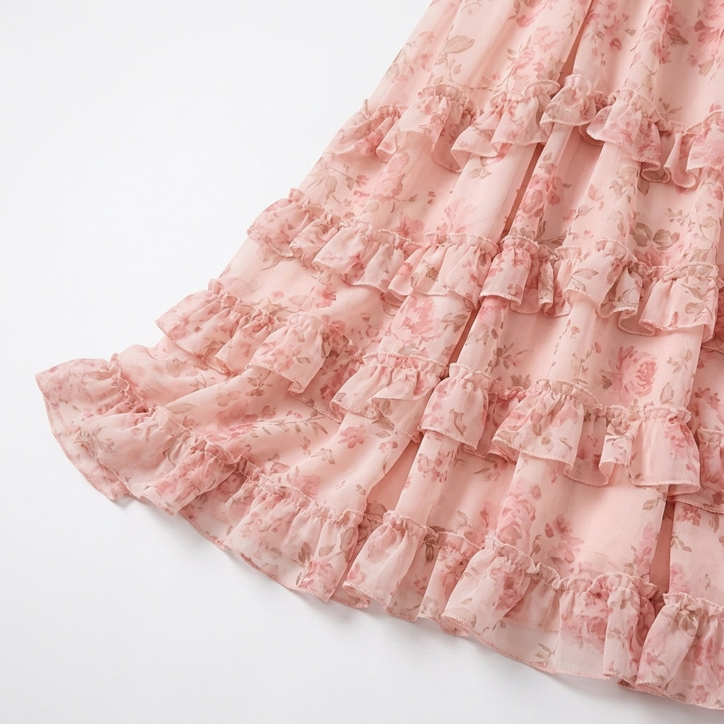 Pink Floral Lace-Up Corset Maxi Dress – close-up of tiered ruffle hem