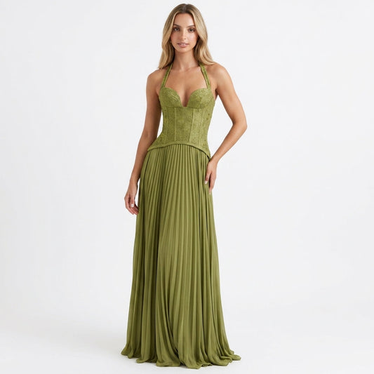 Green Corset Pleated Maxi Dress – front view