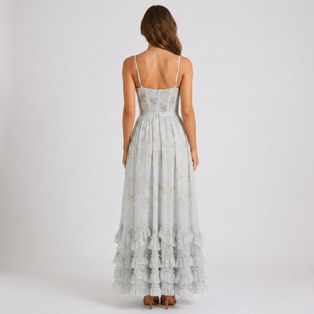 Floral Corset Maxi Dress with Ruffle Hem in Blue – back view showing lace-up back
