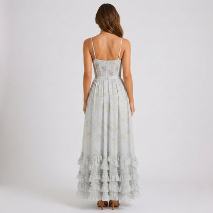 Floral Corset Maxi Dress with Ruffle Hem in Blue – back view showing lace-up back
