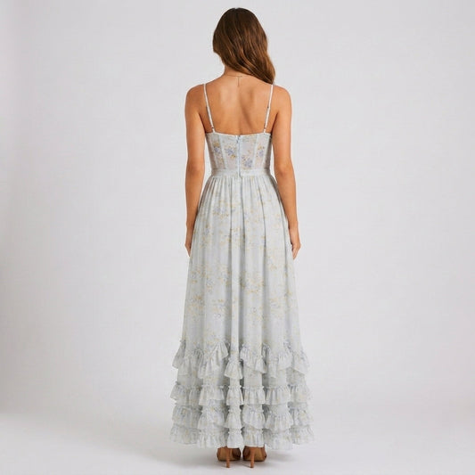 Floral Corset Maxi Dress with Ruffle Hem in Blue – back view showing lace-up back