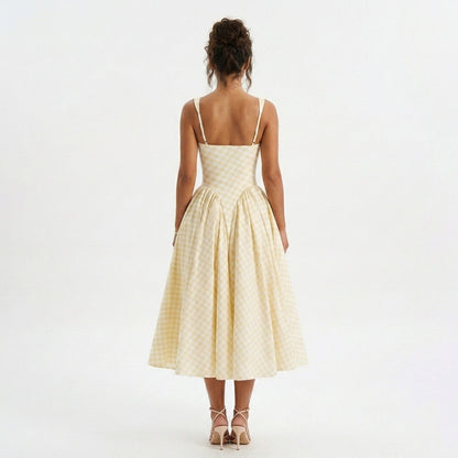 Gingham Square Neck Midi Dress in Yellow – back view