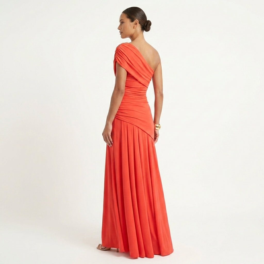 One-Shoulder Gathered Maxi Dress in Orange – back view