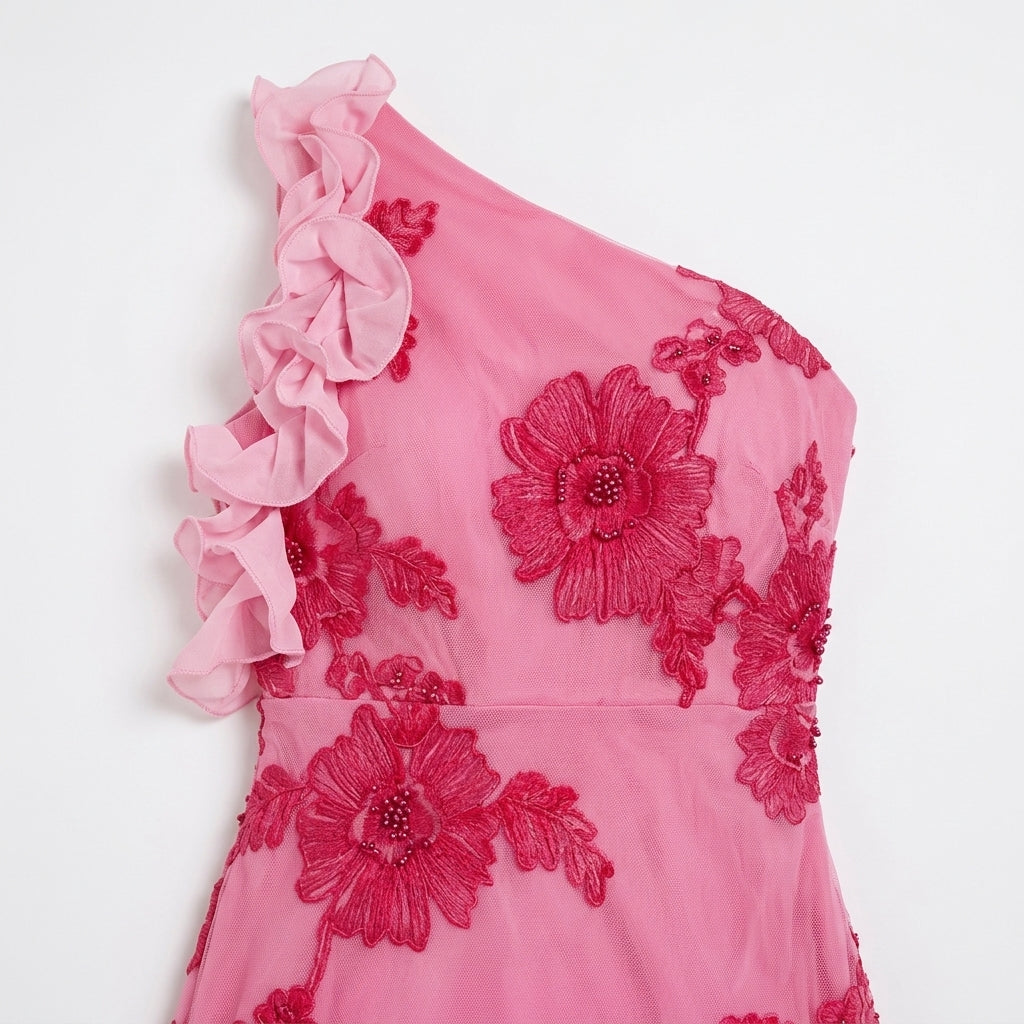 Pink Floral Embroidered One-Shoulder Maxi Dress – close-up of floral embroidery and ruffle