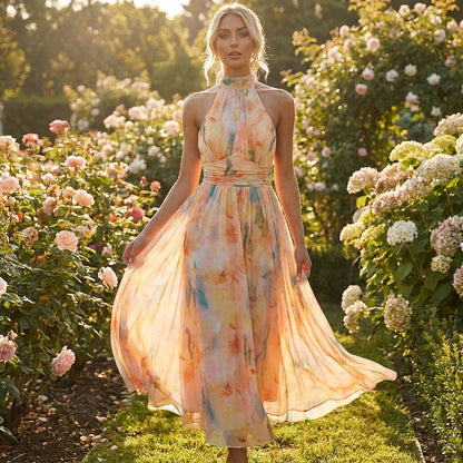Watercolour Print Halter Maxi Dress – lifestyle shot in a garden