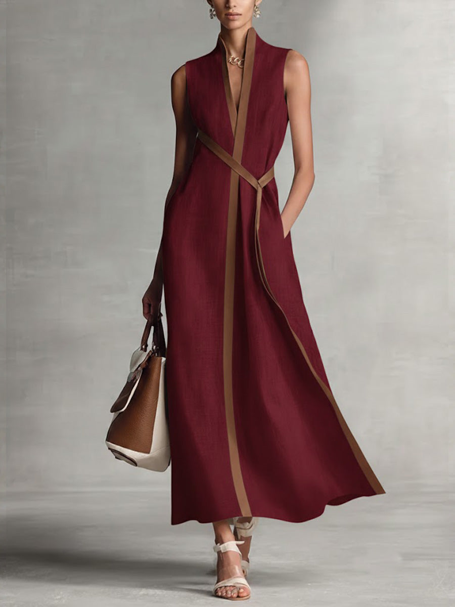 Mandarin Collar Sleeveless Maxi Dress – Burgundy