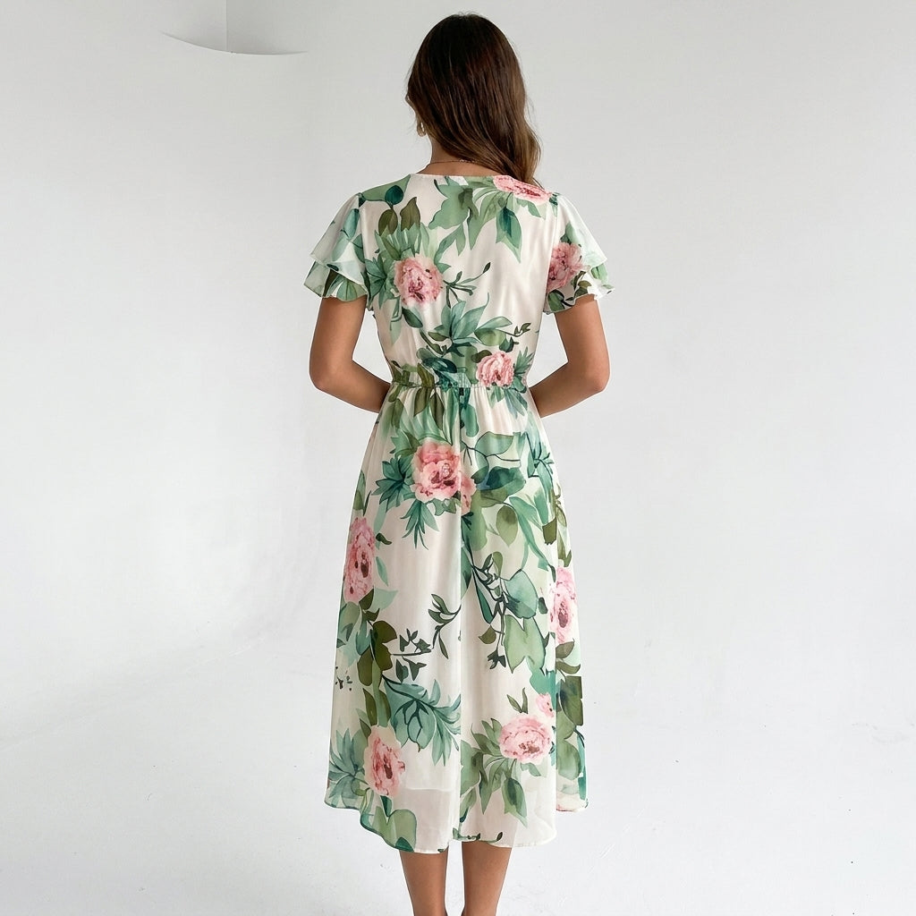 Green Floral Flutter Sleeve Midi Dress – back view