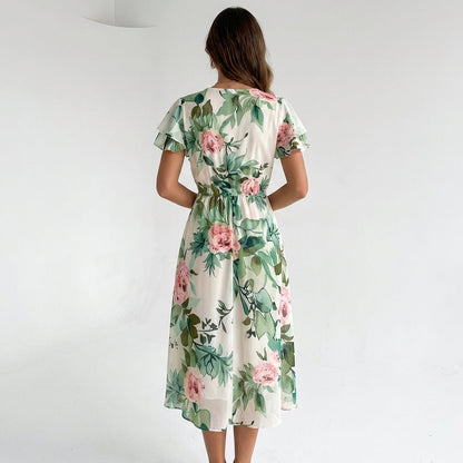 Green Floral Flutter Sleeve Midi Dress – back view
