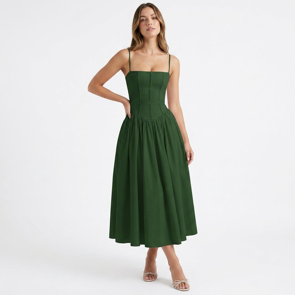 Green Corset Square Neck Midi Dress – front view, full length