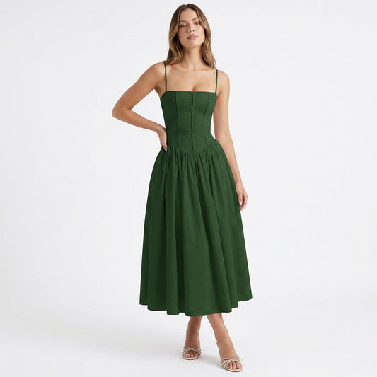 Green Corset Square Neck Midi Dress – front view, full length