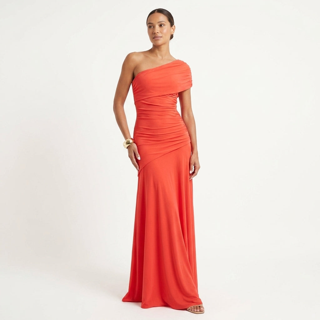 One-Shoulder Gathered Maxi Dress in Orange – front view, full length