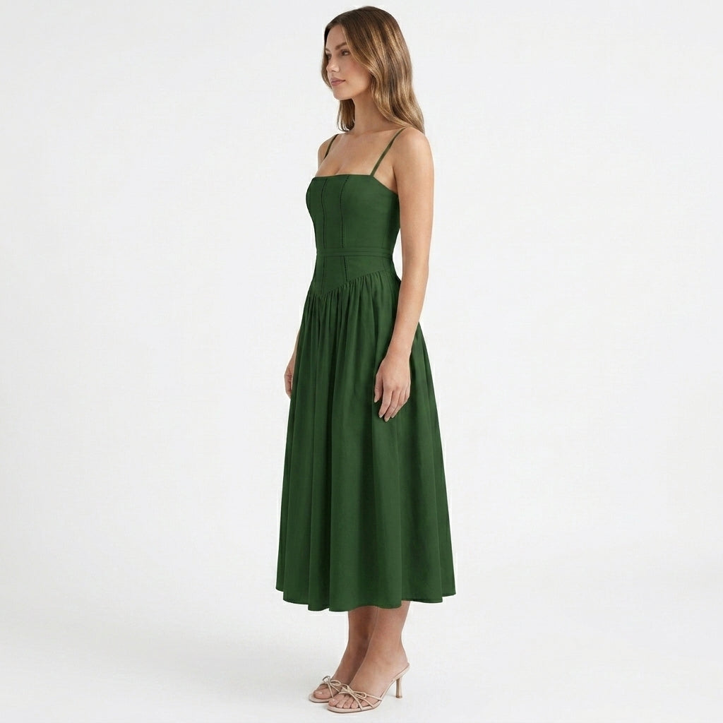 Green Corset Square Neck Midi Dress – side view