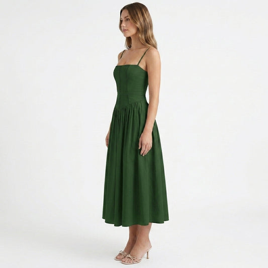 Green Corset Square Neck Midi Dress – side view
