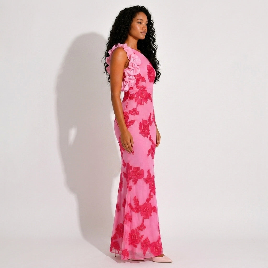 Pink Floral Embroidered One-Shoulder Maxi Dress – side view