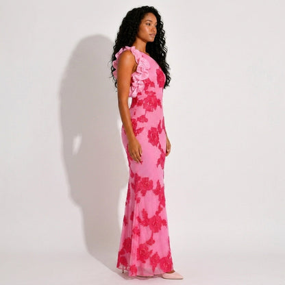 Pink Floral Embroidered One-Shoulder Maxi Dress – side view