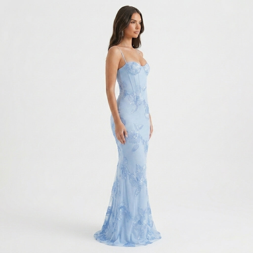 Baby Blue Floral Appliqué Corset Maxi Dress – three-quarter side view