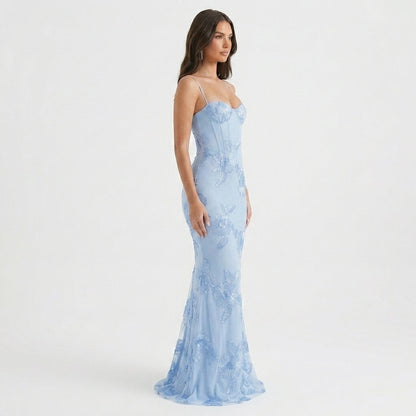 Baby Blue Floral Appliqué Corset Maxi Dress – three-quarter side view