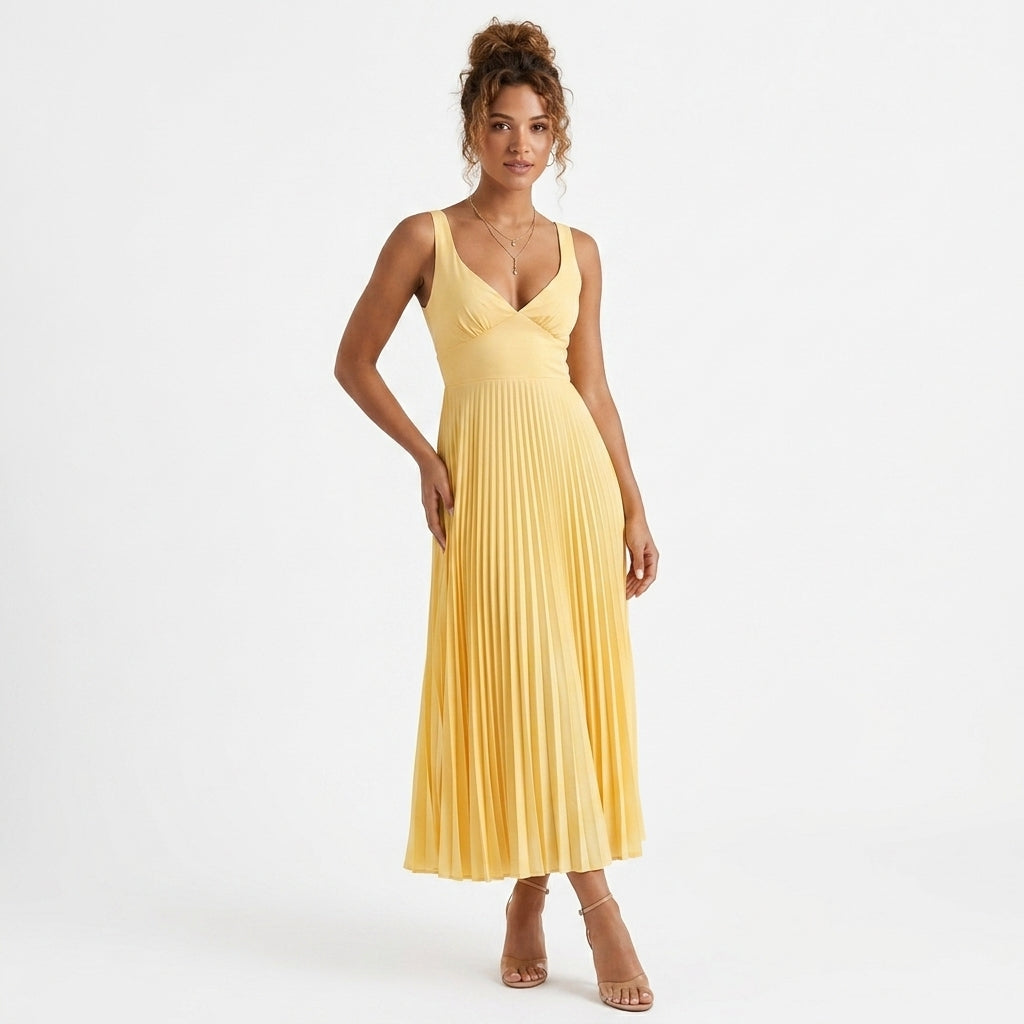 Yellow Pleated V-Neck Maxi Dress – full-length front view