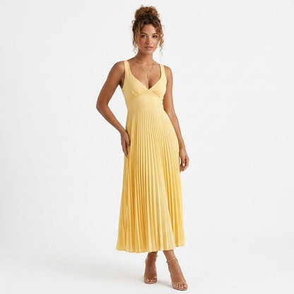 Yellow Pleated V-Neck Maxi Dress – full-length front view