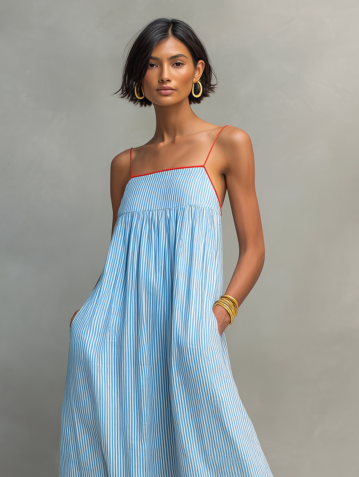 Striped Spaghetti Strap Maxi Dress with Red Accents – view 6