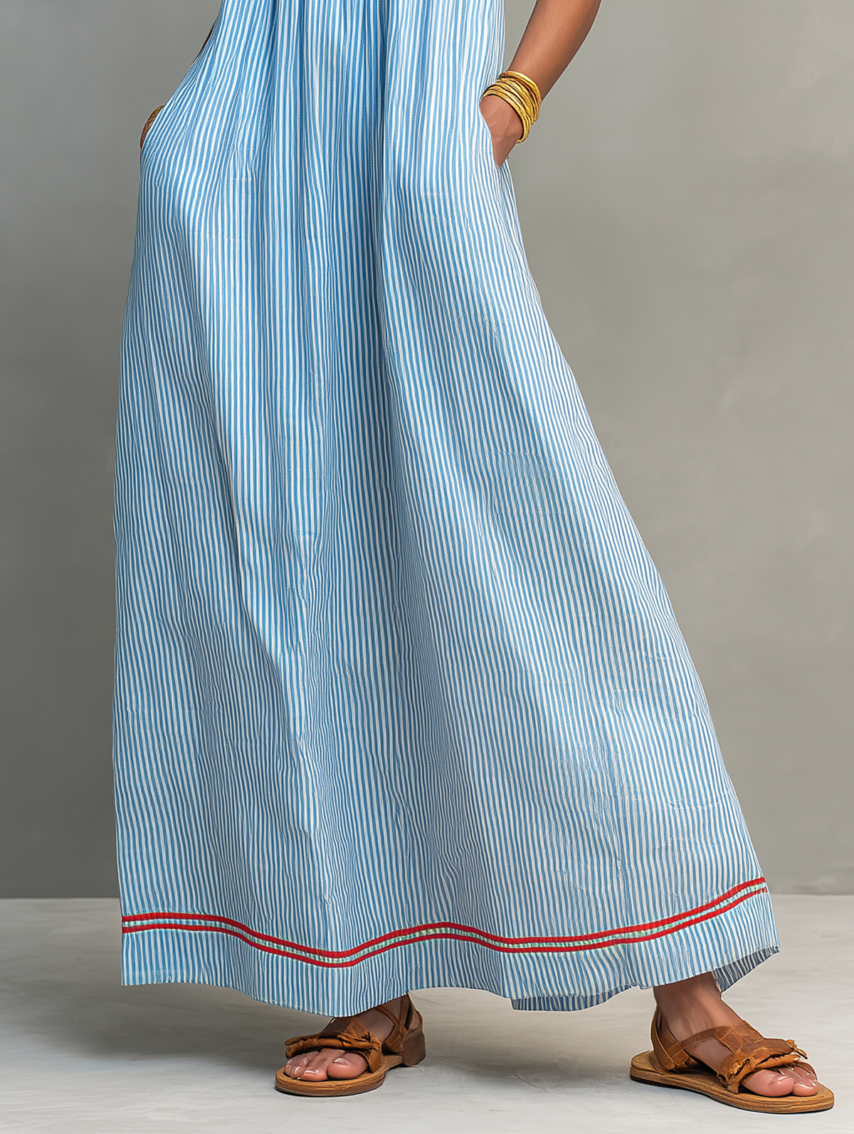 Striped Spaghetti Strap Maxi Dress with Red Accents – view 7