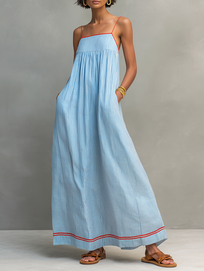 Striped Spaghetti Strap Maxi Dress with Red Accents – Blue
