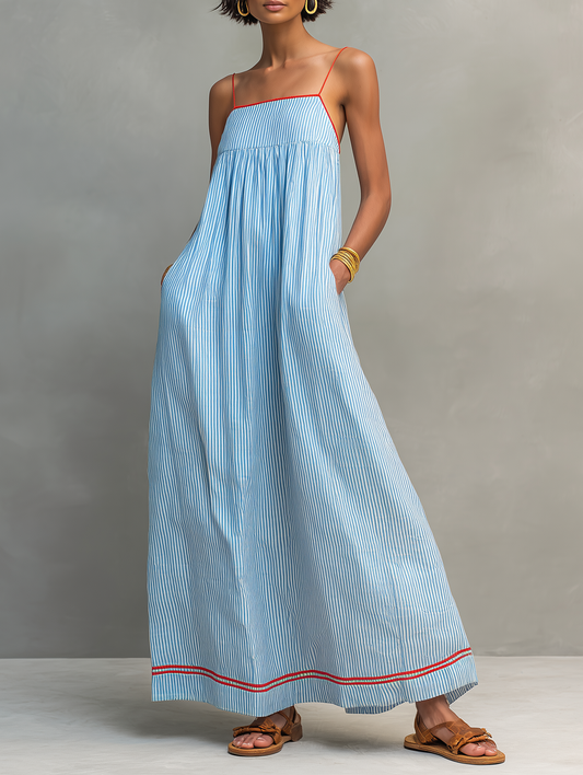 Striped Spaghetti Strap Maxi Dress with Red Accents – Blue