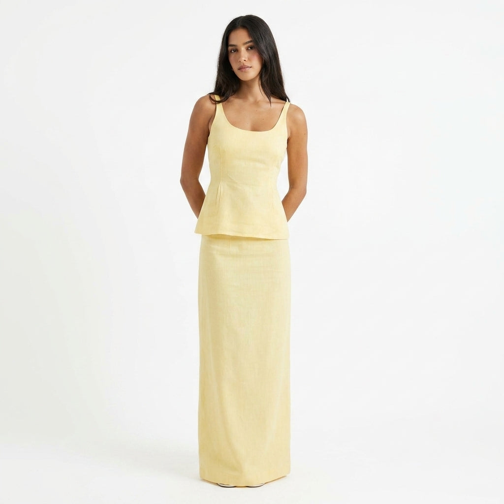 Lemon Lace-Up Top & Maxi Skirt Set – front view, full length