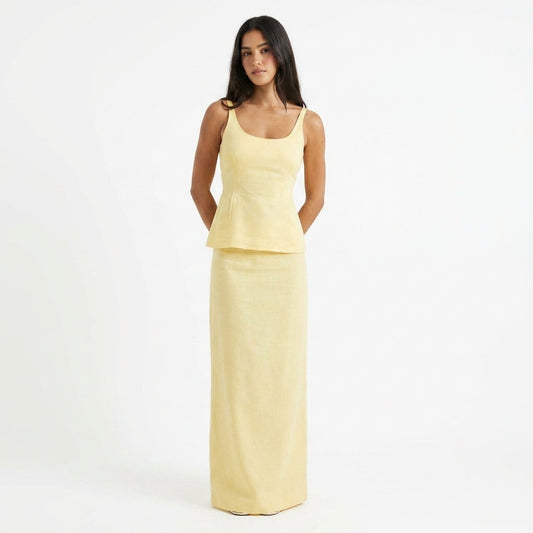 Lemon Lace-Up Top & Maxi Skirt Set – front view, full length
