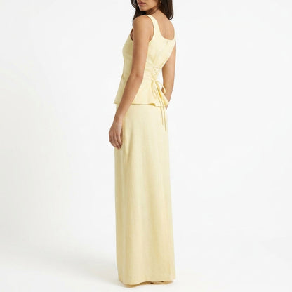 Lemon Lace-Up Top & Maxi Skirt Set – side back view