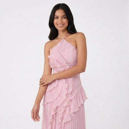 Asymmetric Ruffle Pleated Halter Maxi Dress in Pink – front view of the ruffled bodice