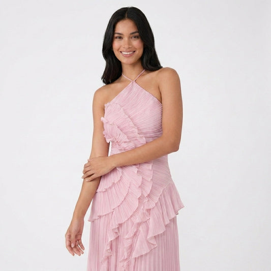 Asymmetric Ruffle Pleated Halter Maxi Dress in Pink – front view of the ruffled bodice
