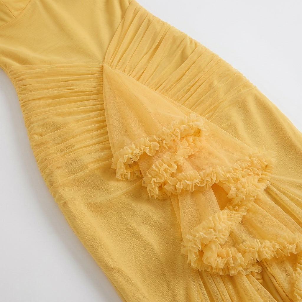 Ruffle Trim High-Low Maxi Dress in Yellow – close-up detail of ruffle trim