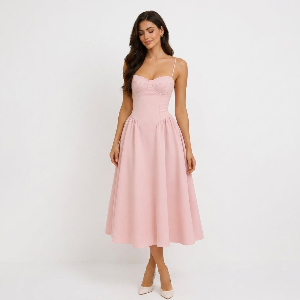 Pink Corset A-Line Midi Dress – front view