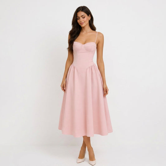 Pink Corset A-Line Midi Dress – front view