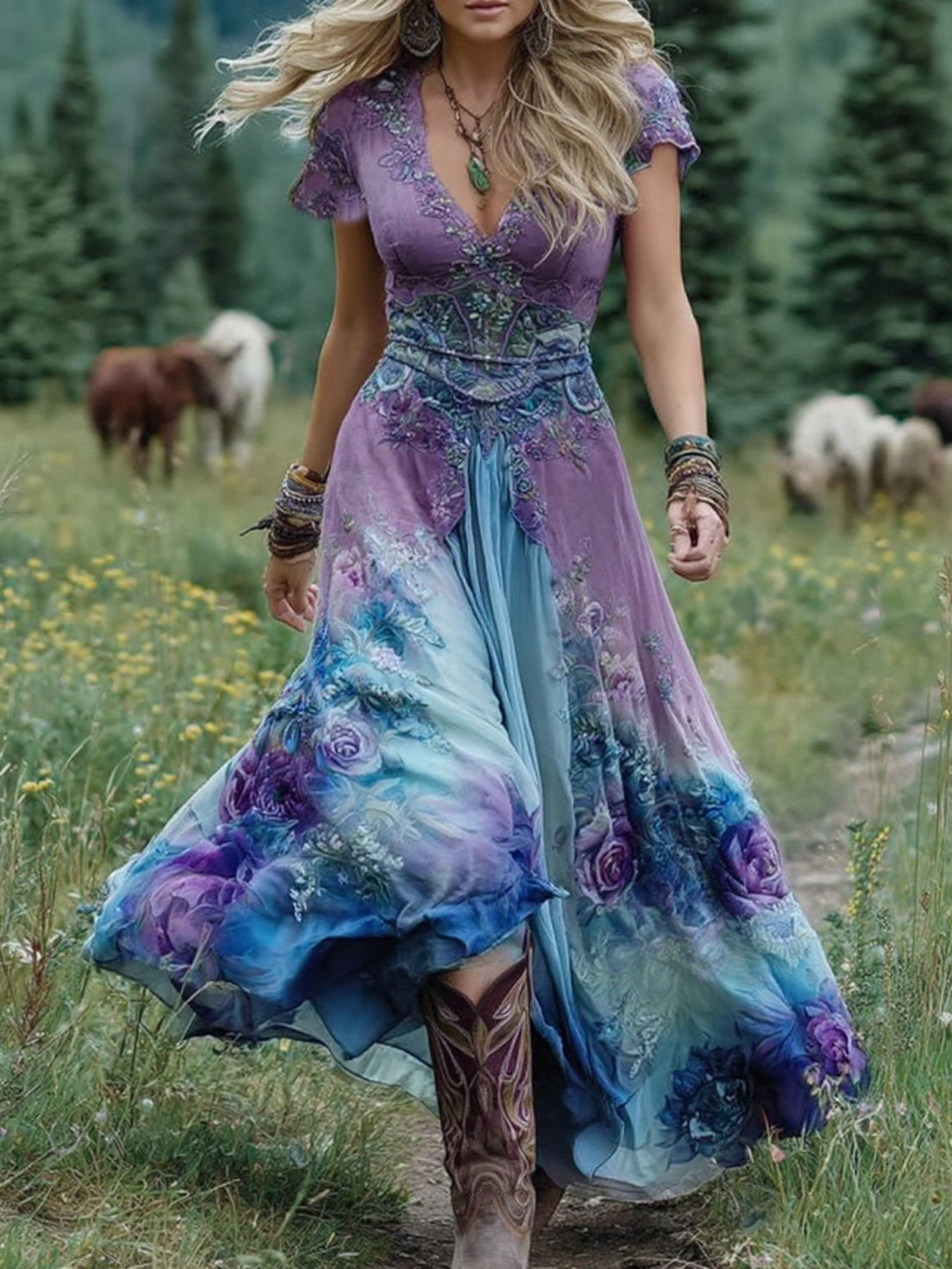 Floral V-Neck Short Sleeve Cotton Maxi Dress – Blue