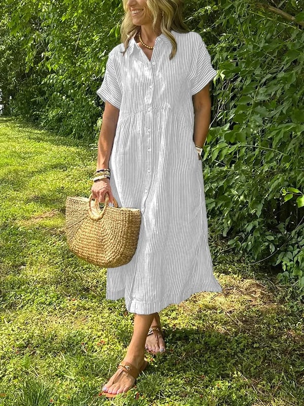 Striped Lapel Collar Button Shirt Dress – White