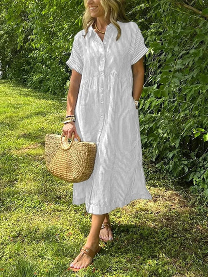 Striped Lapel Collar Button Shirt Dress – White