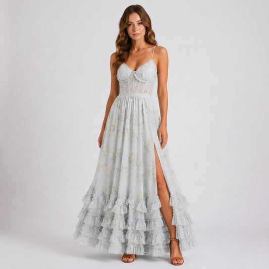 Floral Corset Maxi Dress with Ruffle Hem in Blue – front view, full length