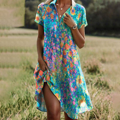 Floral Short Sleeve Flowy Midi Dress – Multicolour